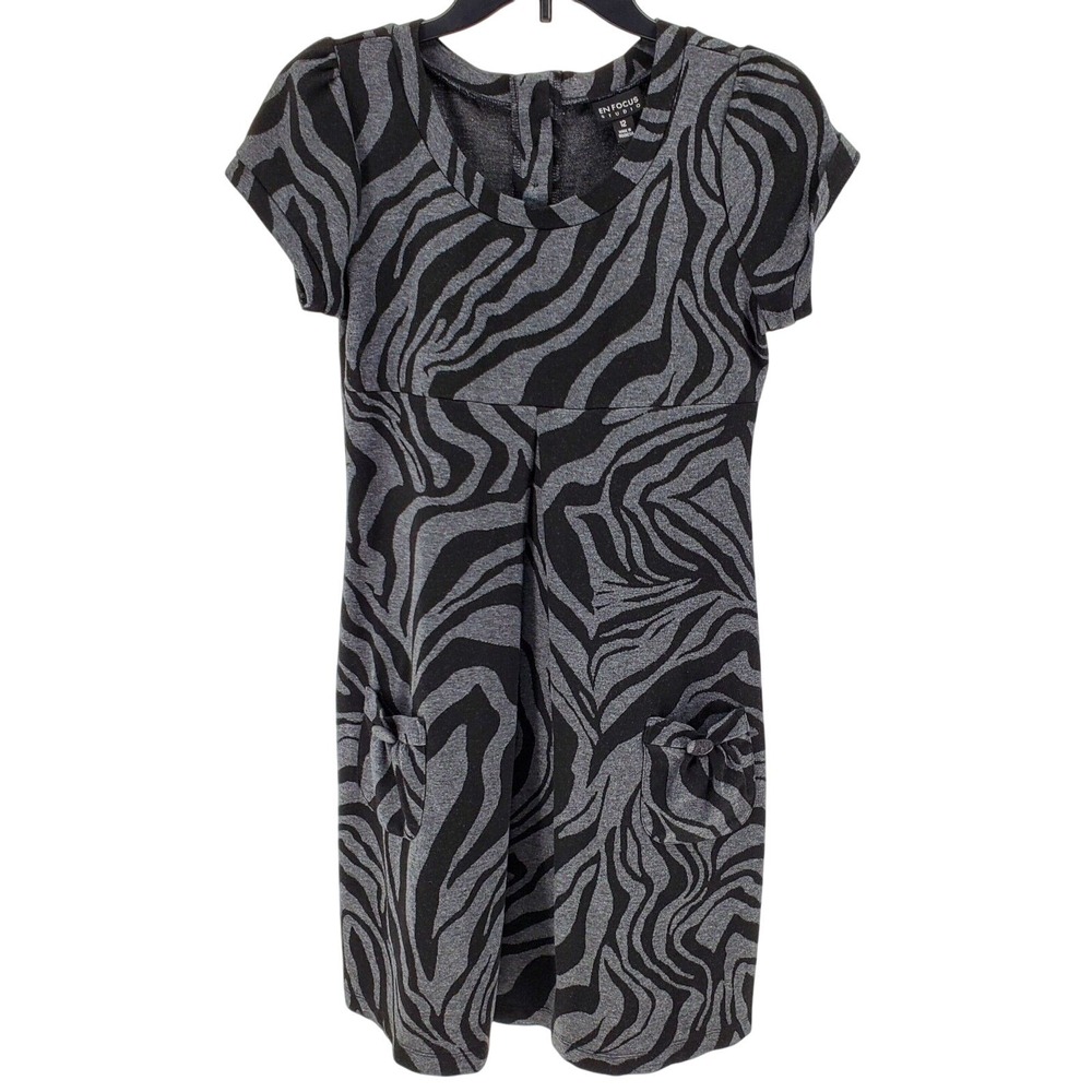 En Focus Studio Zebra Print Short Sleeve Shift Dress Women 12 Gray Black Stretch